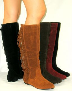 Cherokee Indian Faux Suede Flat Moccasin Fringe Tassel Tall Knee High 