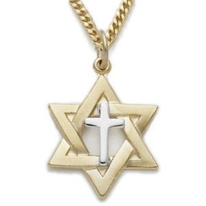 Gold Center Cross Star of David Pendant Charm Necklace