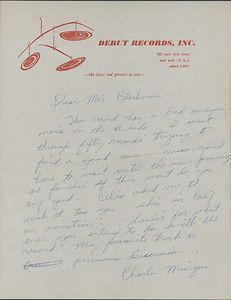 Charles Mingus Letter on Debut Stationery