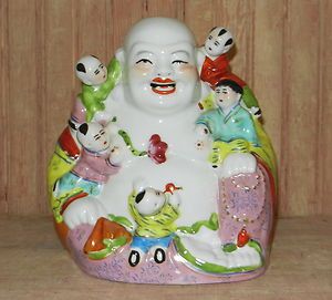   Chinese Porcelain Happy Laughing Buddha with Children Statue