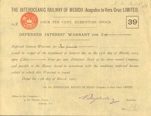 1915 Interoceanic Railway of Mexico Stock Certificate
