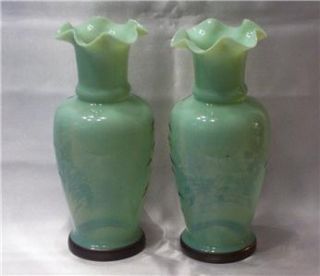 Pair of Hand Painted Green Bristol Vases Beautiful Transfer Images in 