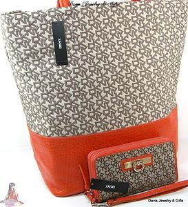 DKNY Logo Purse Tote XL Bag Wallet Chino Tan Beige Orange 2pc Set Lot 