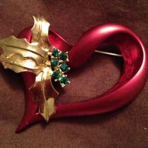 Red Heart with Mistletoe Pin with Green Rhinestones