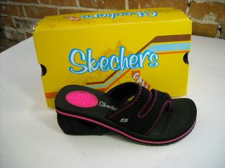 Skechers Black Pink Smash Hit Cyclers Thong Wedge Sandals