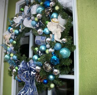 Beautiful Large Artificial Christmas Wreath Blue with Angels, Blue