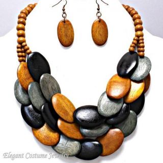  Natural Wood Beads Chunky Necklace Set Elegant Costume Jewelry