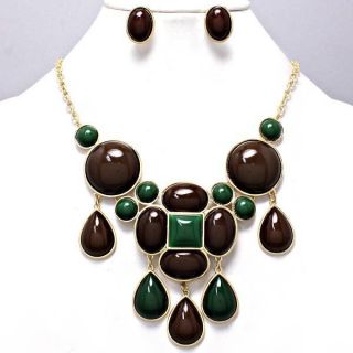 Green Brown Statement Necklace Set Chunky Elegant Costume Jewelry