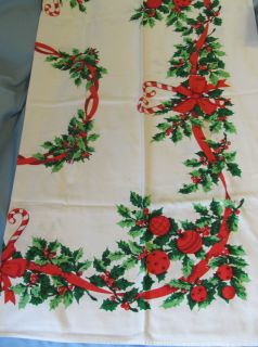 Vintage Cotton Linen Candy Canes Holly Christmas Tablecloth 48 x 52