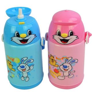 Cartoon Kids Vacuum Cup Thermos Drink Bottle with Straw Lanyard