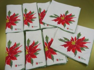 Set of 8 VERA NEUMANN Linen Christmas Napkins ~ POINSETTIA w GREEN