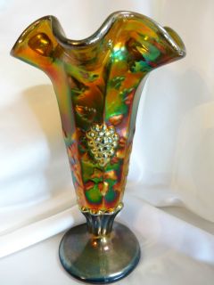 Fenton Art Glass Indigo Blue Carnival Grape Panel Vase