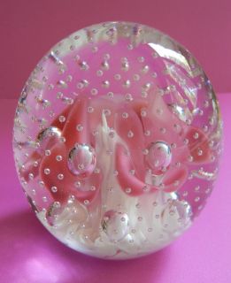 Signed Joe St Clair Pink Floral Glass Paperweight Controlled Bubbles