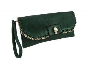 Sleek Green Vinyl Clutch Purse with Gold Chain Trim and Skull