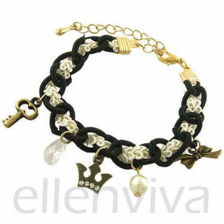 Key Crystal Crown Bow 2 Layered Fabric Bracelet Black White Gold Tone