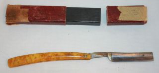 Vintage Clauss Straight Razor Yellow Celluloid Scales in Box Fremont