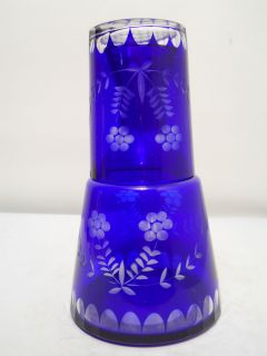 Cobalt Blue Etched Water Decanter witn Accompanying Glass, Excellent