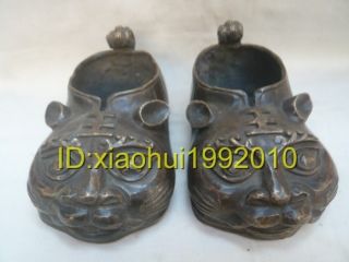 Oriental Asian Exquisite Old Collectible Brass Tiger Head Shoes Statue