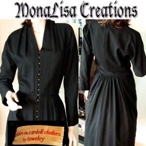 Claire McCardell Townsley Dress 40s 50s Black Wool LBD Vtg Raglan