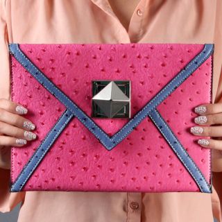 Pink Blue Color Block Faux Ostrich Skin Pyramid Stud Envelope Clutch
