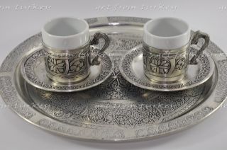 Espresso Turkish Coffee Set Handmade Crafted Solid Copper Cup Tray