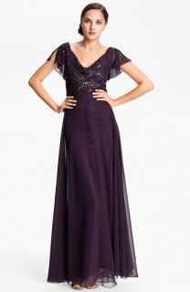 J Kara Embellished Drape Bodice Chiffon Gown