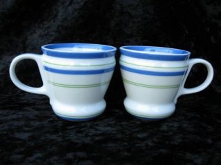Starbucks White w Green Blue Stripes 2 Mini Coffee Cups Mugs 3 FL oz