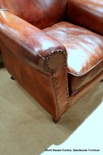 34 Wide Club Chair Vintage Brown Cigar Italian Leather Comfort