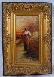 Antique Victorian M Colvin O C Woman in Sunset Landscape Painting
