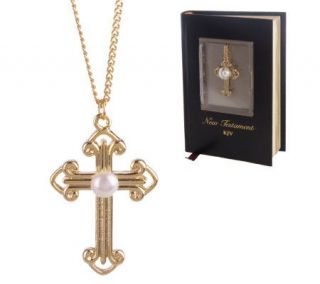 Cultured Freshwater Pearl Cross Necklace in Bible Box —