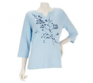 Denim & Co. 3/4 Sleeve Placement Print Slub Knit T shirt   A225522