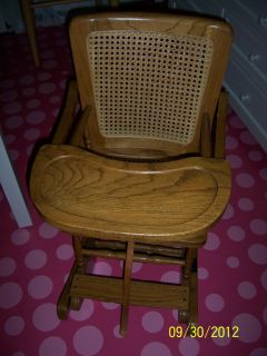  Vintage c1900 Oak Cane Seat Back Baby Convertible Rocking & High Chair