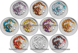  2012 Year Dragon Chinese Lunar Zodiac 10 Coin Type Set $1 Silver Color