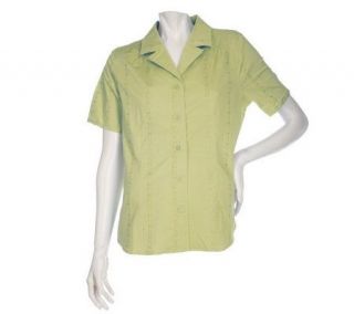 Denim & Co. Short Sleeve Feminine Campshirt w/ Embroidery —