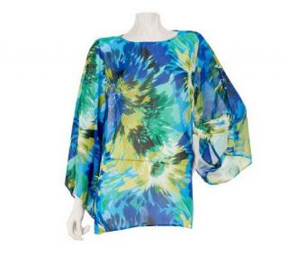 Susan Graver Printed Chiffon Bateau Neck Tunic with Trumpet Sleeves 