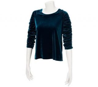 Susan Graver Stretch Velvet U neck Top with Ruched 3/4 Sleeves 