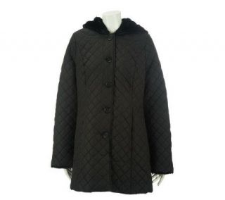 Dennis Basso Water Resistant Quilted Coat with Hood and Faux Fur Trim 