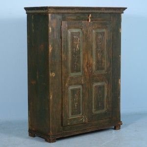 Exceptional Antique Green Painted Pine Two Door Armoire C1860