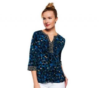 Susan Graver Liquid Knit Printed Top with Ruched Neckline —
