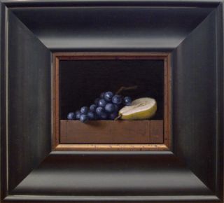 Still Life with Pear Half and Concord Grapes Painting by Abbey Ryan