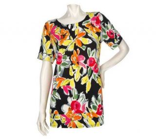 Susan Graver Floral Print Liquid Knit Tunic with V Inset Detail