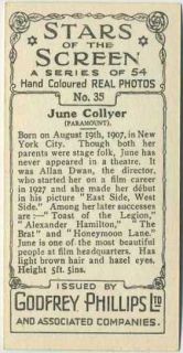 June Collyer Vintage 1934 Godfrey Phillips Movie Star Tobacco Card 35