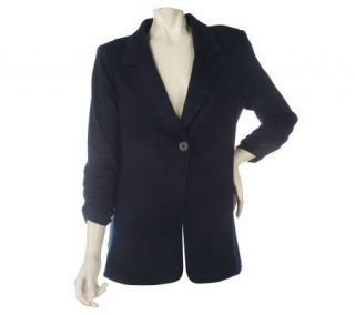 Susan Graver Ponte Knit Boyfriend Jacket with Ruched Sleeves