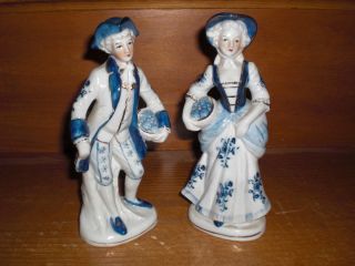 Victorine Collectible Figurines Lady and Man Blue and White Porcelain