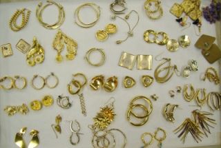 42 Pair Costume Earring Lot Vintage Goldtone Colored Pierced Earrings