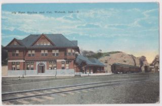 wabash indiana railroad big four station and cut postcard is in good