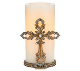 CandleImpressio Jeweled Metal Cross Holder with Flameless Candle w 