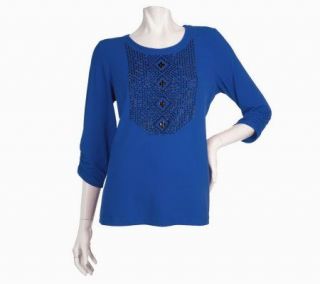 Susan Graver Liquid Knit Beaded Front Ruched Sleeve Top   A94252