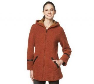 Susan Graver Boucle Fleece Zip Front Coat w/ Faux Leather Trim 
