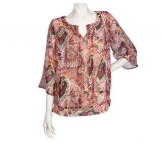 Susan Graver Crinkle Chiffon 3/4 Sleeve Blouse with Pleated Front 